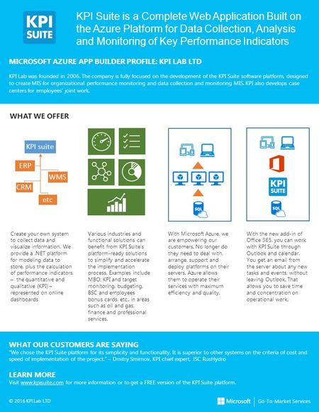 KPI Suite is a Complete Web Application Built on the Azure Platform for Data Collection, Analysis and Monitoring of Key Performance Indicators MICROSOFT.