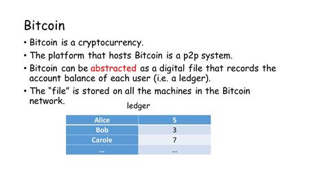 Bitcoin Bitcoin is a cryptocurrency. The platform that hosts Bitcoin is a p2p system. Bitcoin can be abstracted as a digital file that records the account.