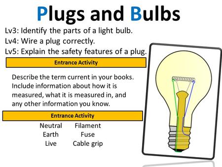 Plugs and Bulbs Lv3: Identify the parts of a light bulb. Lv4: Wire a plug correctly. Lv5: Explain the safety features of a plug. Entrance Activity Neutral.