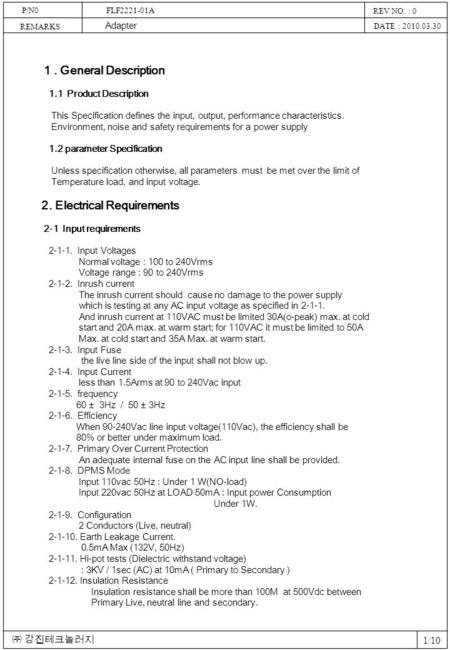 1/10 1. General Description 1.1 Product Description This Specification defines the input, output, performance characteristics. Environment, noise and safety.