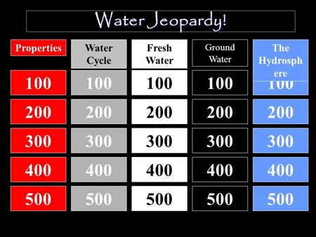 Water Jeopardy! 100 200 300 400 500 100 200 300 400 500 100 200 300 400 500 100 200 300 400 500 100 200 300 400 500 PropertiesWater Cycle Fresh Water Ground.