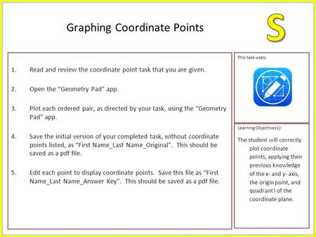 1.Read and review the coordinate point task that you are given. 2.Open the “Geometry Pad” app. 3.Plot each ordered pair, as directed by your task, using.