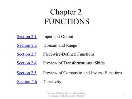 Chapter 2 FUNCTIONS Section 2.1Section 2.1Input and Output Section 2.2Section 2.2Domain and Range Section 2.3Section 2.3Piecewise-Defined Functions Section.