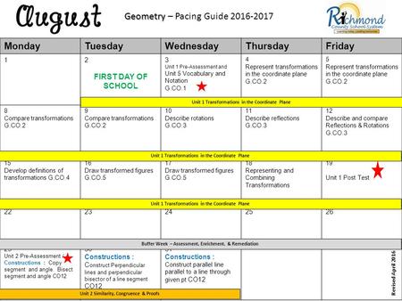 MondayTuesdayWednesdayThursdayFriday 12 FIRST DAY OF SCHOOL 3 Unit 1 Pre-Assessment and Unit 5 Vocabulary and Notation G.CO.1 4 Represent transformations.