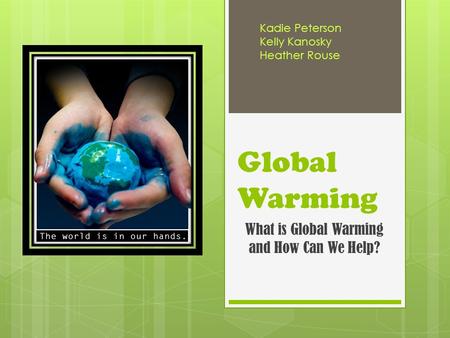 Global Warming What is Global Warming and How Can We Help? Kadie Peterson Kelly Kanosky Heather Rouse.