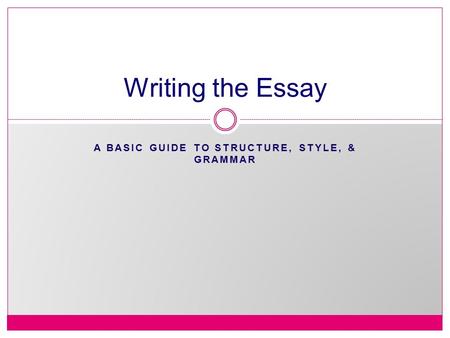 A BASIC GUIDE TO STRUCTURE, STYLE, & GRAMMAR Writing the Essay.