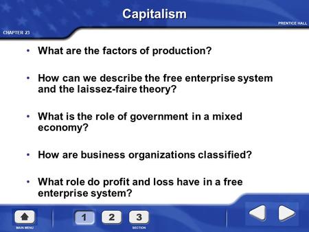 CHAPTER 23 Capitalism What are the factors of production? How can we describe the free enterprise system and the laissez-faire theory? What is the role.