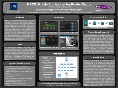 MARS: Mobile Application for Router Status CS 426 Senior Project - Spring 2014 Christine Johnson ● Eric Klukovich ● Matthew VanCompernolle Department of.