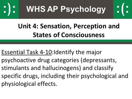 WHS AP Psychology Unit 4: Sensation, Perception and States of Consciousness Essential Task 4-10:Identify the major psychoactive drug categories (depressants,