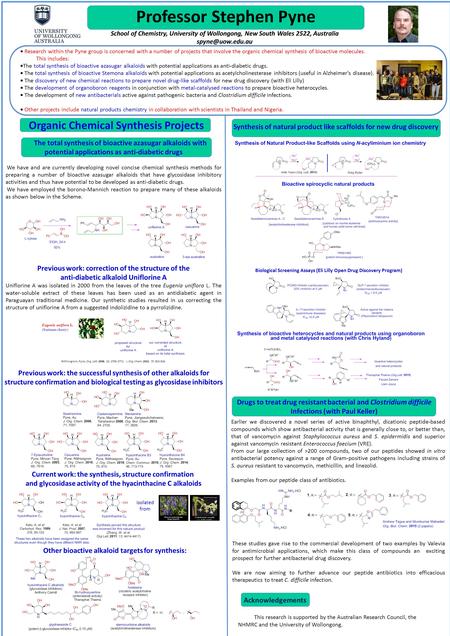 Professor Stephen Pyne School of Chemistry, University of Wollongong, New South Wales 2522, Australia  Research within the Pyne group.