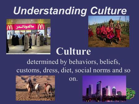 Understanding Culture Culture determined by behaviors, beliefs, customs, dress, diet, social norms and so on.