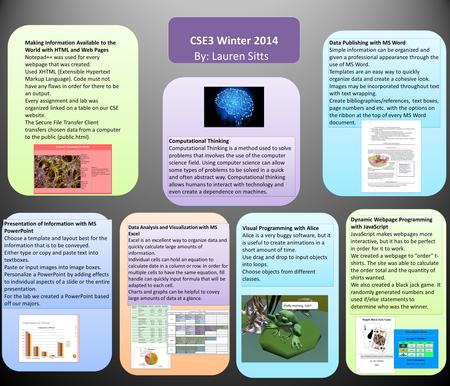 CSE3 Winter 2014 Making Information Available to the World with HTML and Web Pages Notepad++ was used for every webpage that was created. Used XHTML (Extensible.