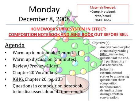 Monday December 8, 2008 Agenda Warm up in notebook [3 minutes] Warm up discussion [5 minutes] Review/Preview Slides Chapter 20 Vocabulary JGHG, Chapter.