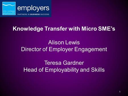 1 Knowledge Transfer with Micro SME’s Alison Lewis Director of Employer Engagement Teresa Gardner Head of Employability and Skills.