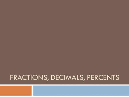 FRACTIONS, DECIMALS, PERCENTS. Rational Numbers Integers Real Numbers Whole Numbers Natural Numbers Irrational Numbers π.333 1/2.85 -14 -6 0 1 34 489.