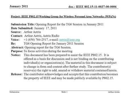 Doc.: IEEE 802.15-11-0037-00-0006 Submission January 2011 Arthur AstrinSlide 1 Project: IEEE P802.15 Working Group for Wireless Personal Area Networks.