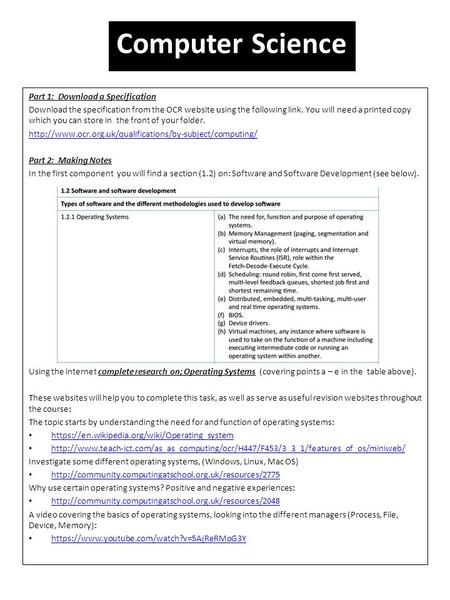 Part 1: Download a Specification Download the specification from the OCR website using the following link. You will need a printed copy which you can store.