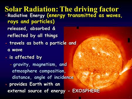 Solar Radiation: The driving factor Radiative Energy (energy transmitted as waves, rays and particles) released, absorbed & reflected by all things travels.