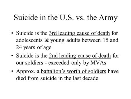 Suicide in the U.S. vs. the Army Suicide is the 3rd leading cause of death for adolescents & young adults between 15 and 24 years of age Suicide is the.