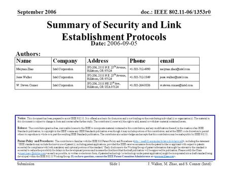 Doc.: IEEE 802.11-06/1353r0 Submission September 2006 J. Walker, M. Zhao, and S. Conner (Intel) Slide 1 Summary of Security and Link Establishment Protocols.