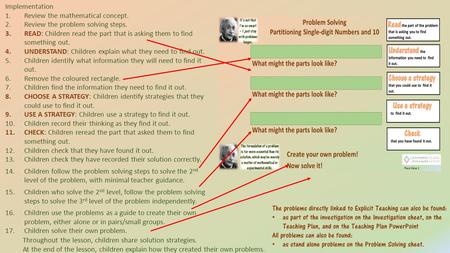 Implementation 1.Review the mathematical concept. 2.Review the problem solving steps. 3.READ: Children read the part that is asking them to find something.