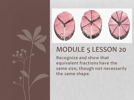 Recognize and show that equivalent fractions have the same size, though not necessarily the same shape. MODULE 5 LESSON 20.