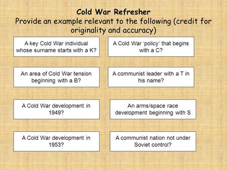 Cold War Refresher Provide an example relevant to the following (credit for originality and accuracy) A key Cold War individual whose surname starts with.