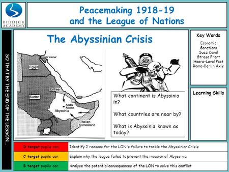 SO THAT BY THE END OF THE LESSON... Learning Skills Key Words Economic Sanctions Suez Canal Stresa Front Hoare-Laval Pact Rome-Berlin Axis D target pupils.