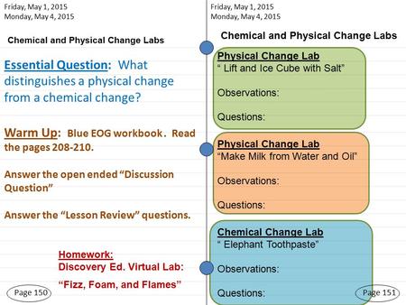 Page 150 Friday, May 1, 2015 Monday, May 4, 2015 Page 151 Homework: Discovery Ed. Virtual Lab: “Fizz, Foam, and Flames” Chemical and Physical Change Labs.