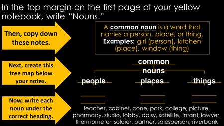 In the top margin on the first page of your yellow notebook, write “Nouns.” A common noun is a word that names a person, place, or thing. Examples: girl.