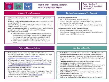 Academy Events Programme Next Quarter PrioritiesPolicy and Communications Strategic Partnerships and Development Report Number: 3 Period: April – June.