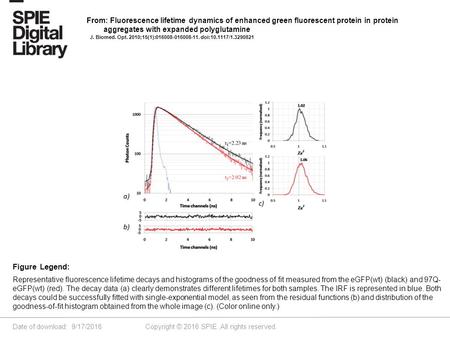 Date of download: 9/17/2016 Copyright © 2016 SPIE. All rights reserved. Representative fluorescence lifetime decays and histograms of the goodness of fit.