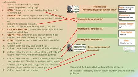 Implementation 1.Review the mathematical concept. 2.Review the problem solving steps. 3.READ: Children read the part that is asking them to find something.