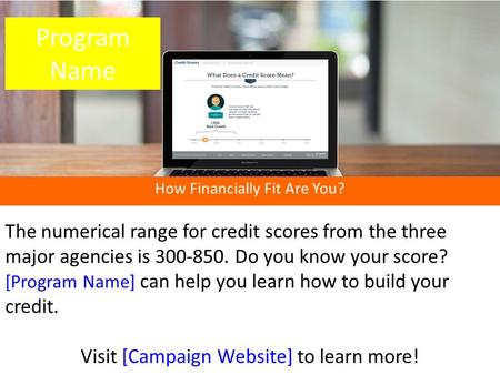 How Financially Fit Are You? The numerical range for credit scores from the three major agencies is 300-850. Do you know your score? [Program Name] can.