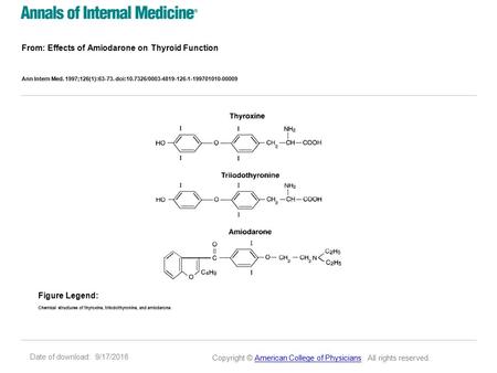 Date of download: 9/17/2016 From: Effects of Amiodarone on Thyroid Function Ann Intern Med. 1997;126(1):63-73. doi:10.7326/0003-4819-126-1-199701010-00009.