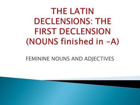 FEMININE NOUNS AND ADJECTIVES. Nom/voc. Silv-a Silv-ae Acc. Silv-am Silv-as Gen. Silv-ae Silv-arum Dat. Silv-ae Silv-is Abl. Silv–aSilv-is A DECLENSION.