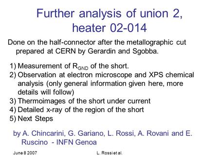 June 8 2007L. Rossi et al. Further analysis of union 2, heater 02-014 1)Measurement of R GND of the short. 2)Observation at electron microscope and XPS.