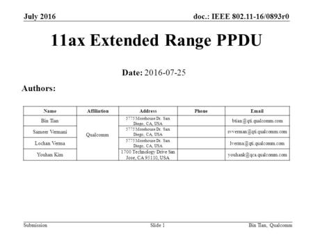 Doc.: IEEE 802.11-16/0893r0 Submission 11ax Extended Range PPDU Date: 2016-07-25 Bin Tian, QualcommSlide 1 Authors: NameAffiliationAddressPhone Bin.