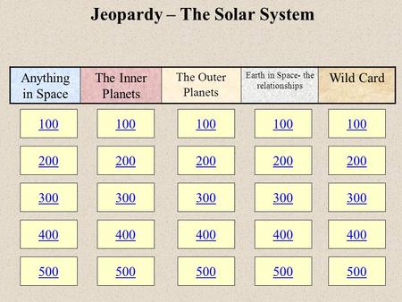 100 200 300 400 500 100 200 300 400 500 100 200 300 400 500 Jeopardy – The Solar System 100 200 300 400 500 100 200 300 400 500 Anything in Space The Inner.