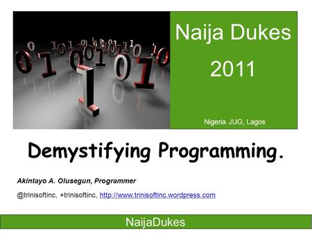 Naija Dukes 2011 Nigeria JUG, Lagos Demystifying Programming. Akintayo A. Olusegun, +trinisoftinc,