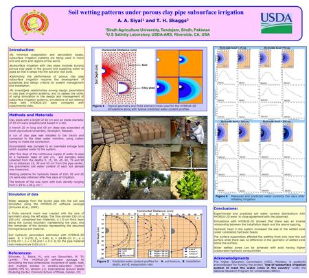 Soil wetting patterns under porous clay pipe subsurface irrigation A. A. Siyal 1 and T. H. Skaggs 2 1 Sindh Agriculture University, Tandojam, Sindh, Pakistan.