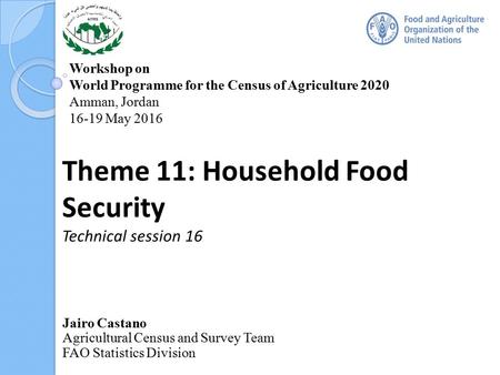 Workshop on World Programme for the Census of Agriculture 2020 Amman, Jordan 16-19 May 2016 Theme 11: Household Food Security Technical session 16 Jairo.