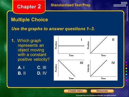 Copyright © by Holt, Rinehart and Winston. All rights reserved. ResourcesChapter menu Multiple Choice Standardized Test Prep Chapter 2 Use the graphs to.