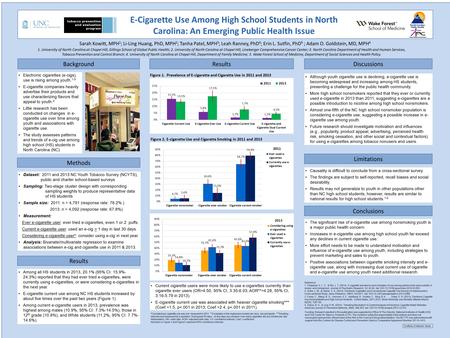 Sarah Kowitt, MPH 1 ; Li-Ling Huang, PhD, MPH 2 ; Tanha Patel, MPH 3 ; Leah Ranney, PhD 4 ; Erin L. Sutfin, PhD 5 ; Adam O. Goldstein, MD, MPH 4 E-Cigarette.