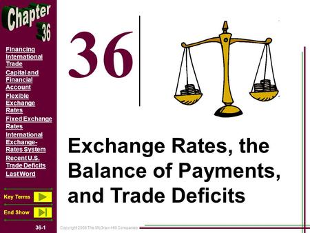 Copyright 2008 The McGraw-Hill Companies 36-1 Financing International Trade Capital and Financial Account Flexible Exchange Rates Fixed Exchange Rates.