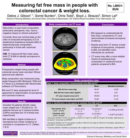 School of Nursing, Midwifery and Social Work Malnutrition or poor body composition, particularly sarcopenia, may have a negative impact on clinical outcome.