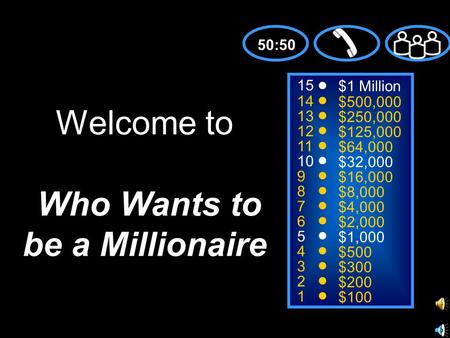 15 14 13 12 11 10 9 8 7 6 5 4 3 2 1 $1 Million $500,000 $250,000 $125,000 $64,000 $32,000 $16,000 $8,000 $4,000 $2,000 $1,000 $500 $300 $200 $100 Welcome.