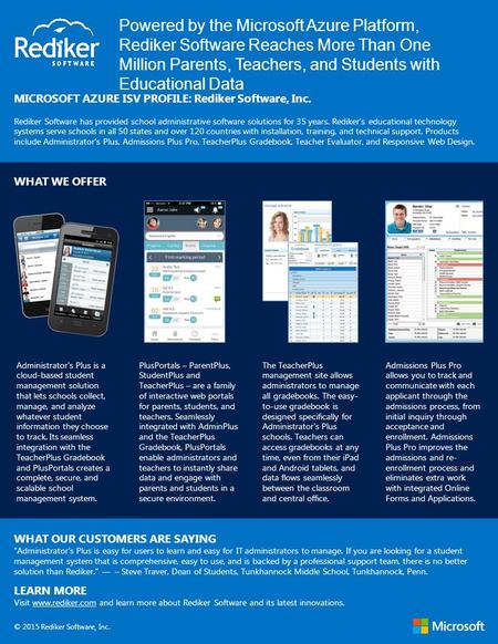 Powered by the Microsoft Azure Platform, Rediker Software Reaches More Than One Million Parents, Teachers, and Students with Educational Data MICROSOFT.