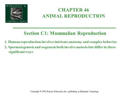 CHAPTER 46 ANIMAL REPRODUCTION Copyright © 2002 Pearson Education, Inc., publishing as Benjamin Cummings Section C1: Mammalian Reproduction 1. Human reproduction.