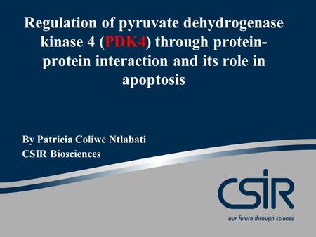 Regulation of pyruvate dehydrogenase kinase 4 (PDK4) through protein- protein interaction and its role in apoptosis By Patricia Coliwe Ntlabati CSIR Biosciences.